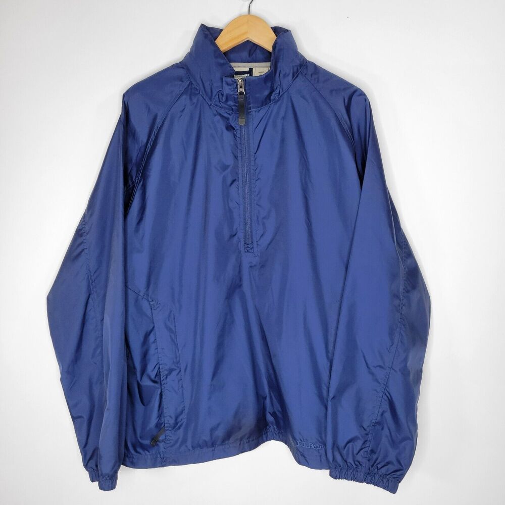 LL BEAN Dark Blue Anorak Jacket Size L Nylon 1/2 Zip Stow Away Hood Windbreaker